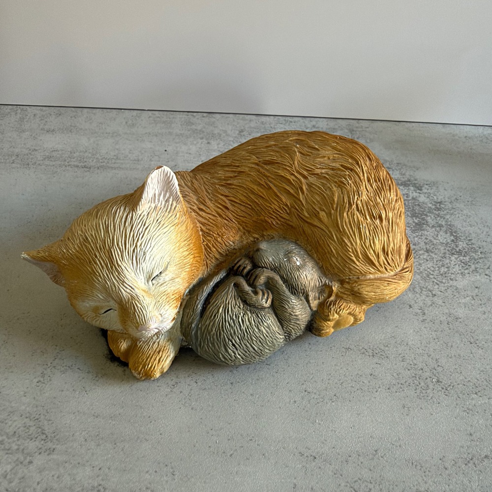 Vintage Sleeping Ginger Cat and Mouse Resin Figurine Hand Painted 4 Inch
